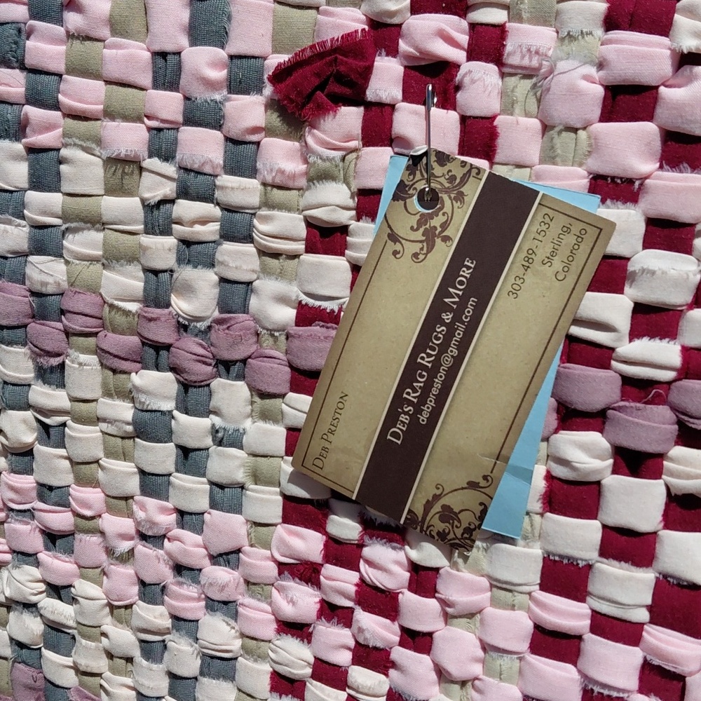 Upcycled Handwoven Cotton Rag Door Mat in Cream & Pink & Gray